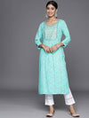 Libas Turquoise Blue Printed Rayon Straight Kurta