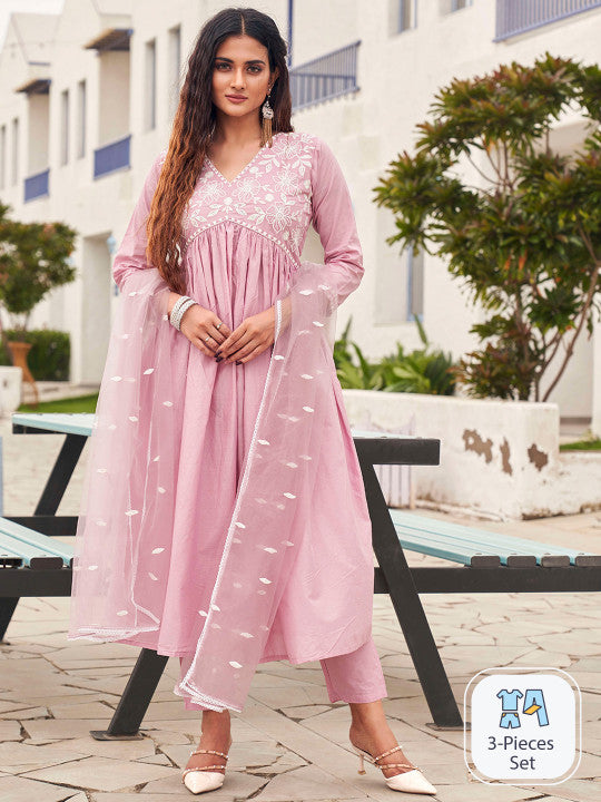 Tikhi Imli Embroidered Empire Pure Cotton Kurta With Trousers & Dupatta