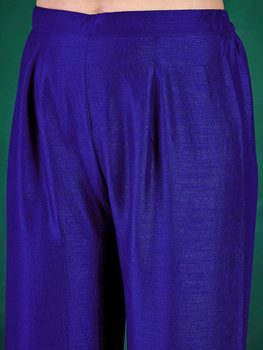 Sangria Blue Floral Embroidered Sequinned V-Neck A-Line Kurta With Palazzo & Dupatta