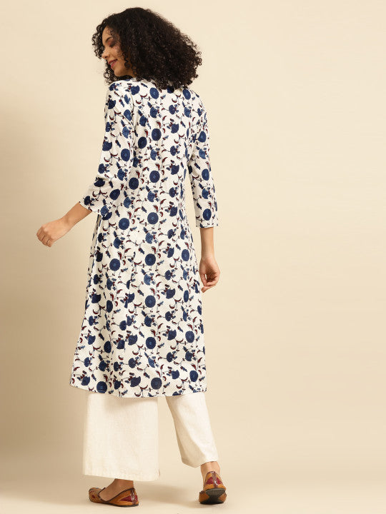 anayna Women White & Navy Blue Ethnic Motifs Screen Print Cotton Kurta