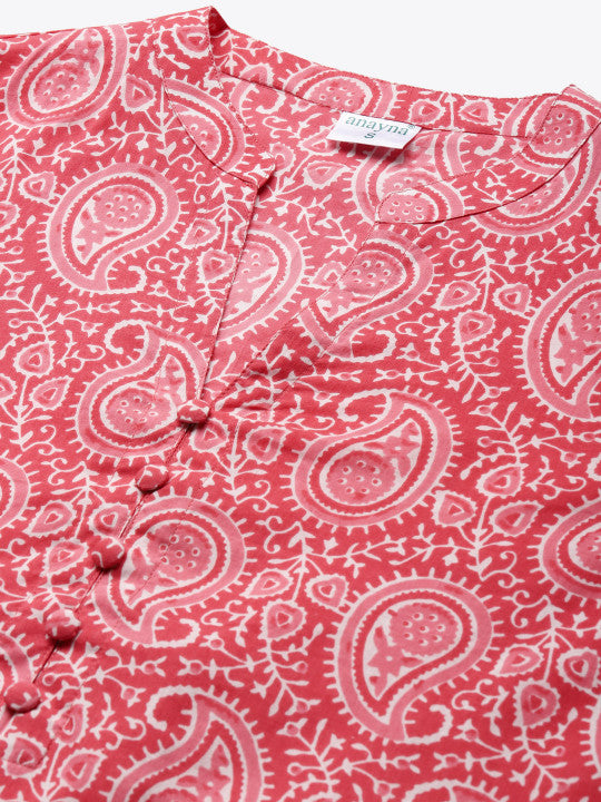 anayna Women Pink & White Paisley Screen Print Cotton Kurta