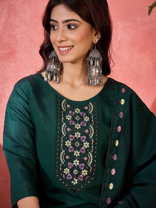 Sangria Floral Embroidered Thread Work Pure Silk Straight Kurta & Trousers With Dupatta