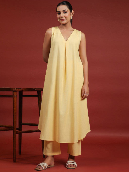 anayna Women Solid Pure Cotton A-line Kurta with Trousers