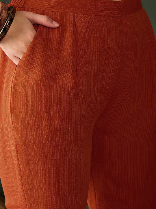 Sangria Floral Printed Zari Anarkali Kurta With Trousers & Dupatta