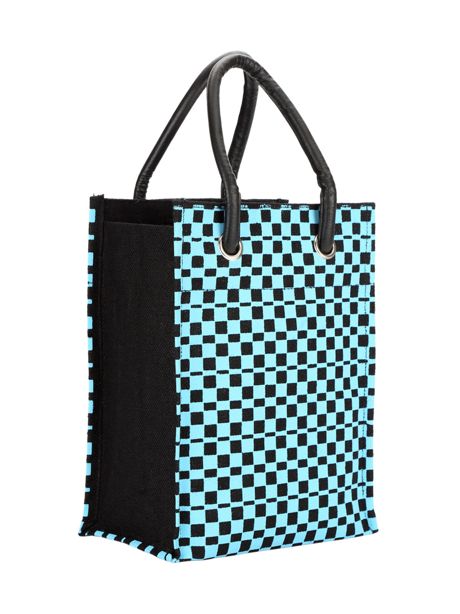 13 X 10 X 8 - CHECK PRINT BIG EYELET LUNCH BAG WITH BOTTOM BOARD (B-044-BLUE/BLACK)