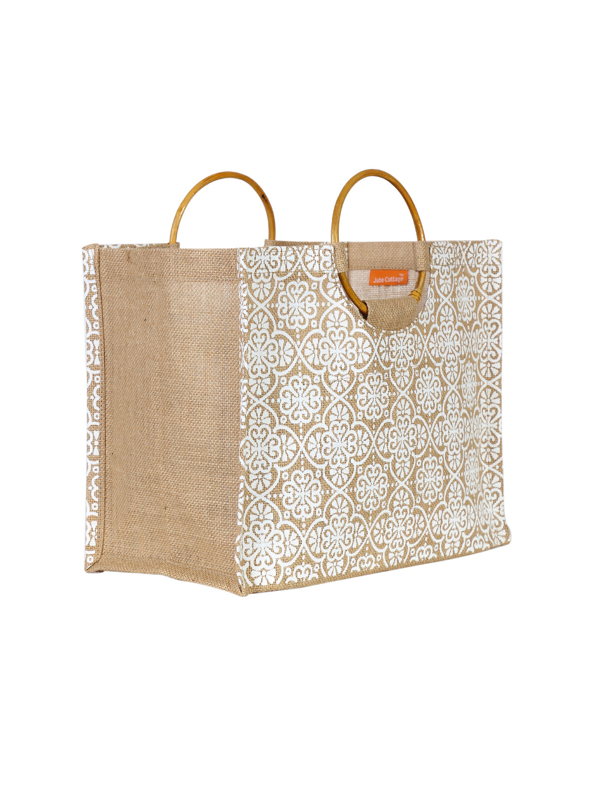 JUTE COTTAGE MUGHAL PRINT LUNCH BAG,  CANE HANDLE, SUSTAINABLE, ECO-FRIENDLY, 100% GENUINE, STYLISH JUTE BAG (BLACK 11X14X8)