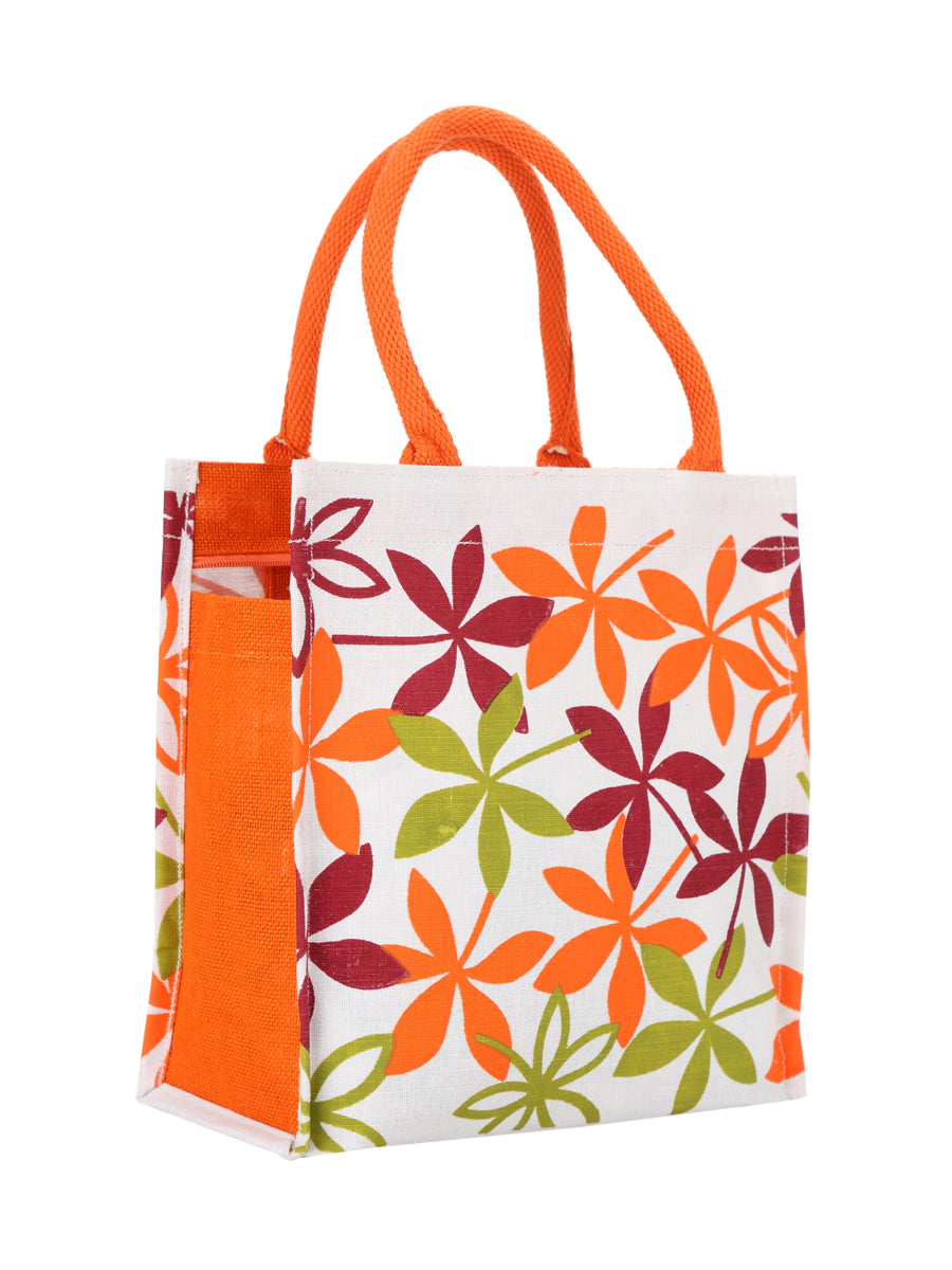 JUTE COTTAGE JUCO PRINTED ZIPPER LUNCH BAG, SUSTAINABLE, ECO-FRIENDLY, 100% GENUINE JUTE, STYLISH (MAROON 12X12X7)