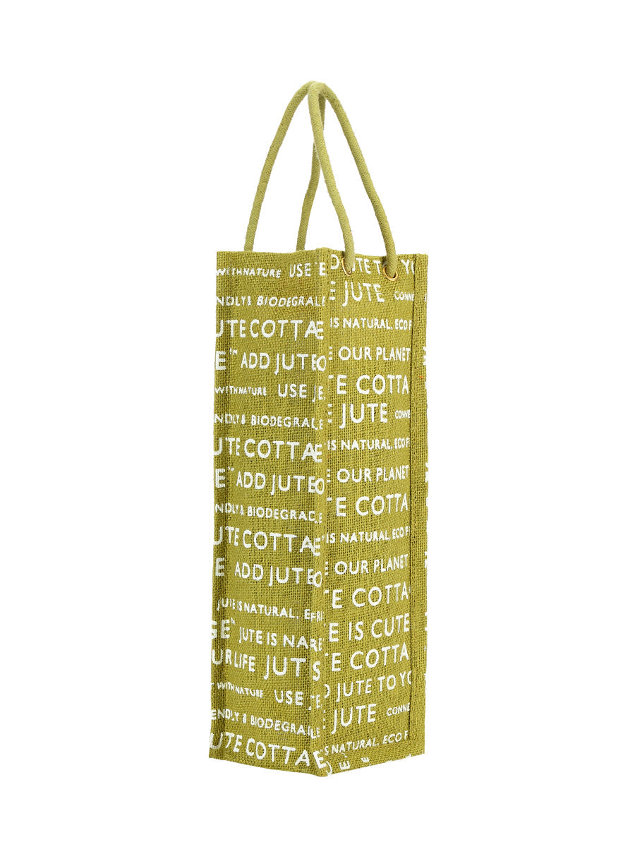 BOTTLE BAG JUTE COTTAGE PRINTED (B-062-OLIVE GREEN)