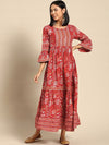 All about you Maroon Ethnic Motifs Print Bell Sleeve Maxi Dress