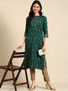 All about you Green Floral Printed Keyhole Neck Gotta Patti Cotton Straight Kurta