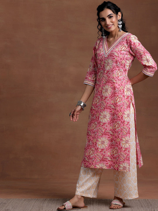 Libas V Neck Floral Printed Gotta Patti Pure Cotton Straight Kurta with Palazzo & Dupatta