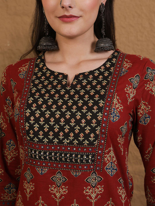 Sangria Printed Pure Cotton Round Neck Straight Kurta & Palazzo With Dupatta