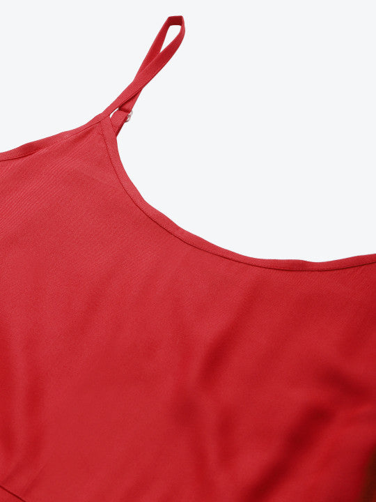 Women Blue & Red Solid Anarkali Kurta with Floral Screen Print Longline Jacket