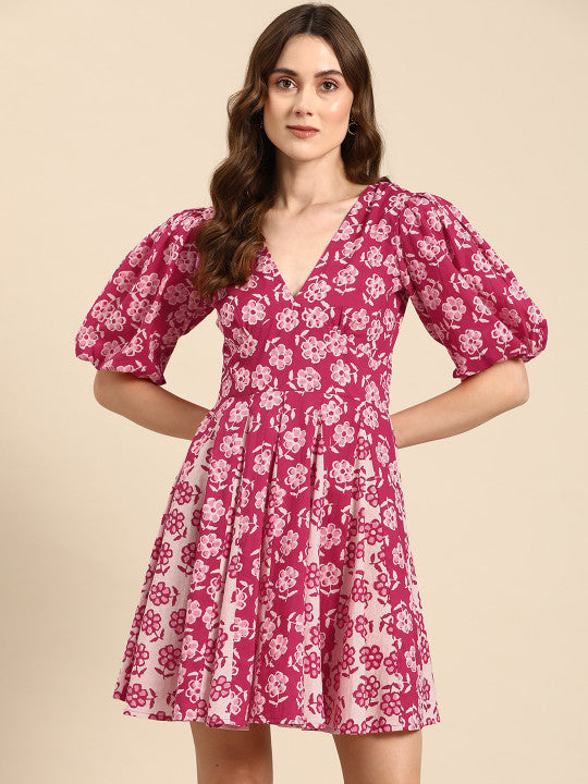 anayna Floral Print Puff Sleeves Fit & Flare Mini Dress