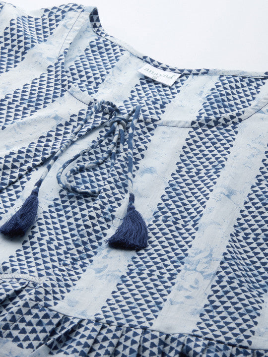 anayna Blue & White Ethnic Motifs Printed Cotton Maternity A-Line Dress with Ethnic Jacket