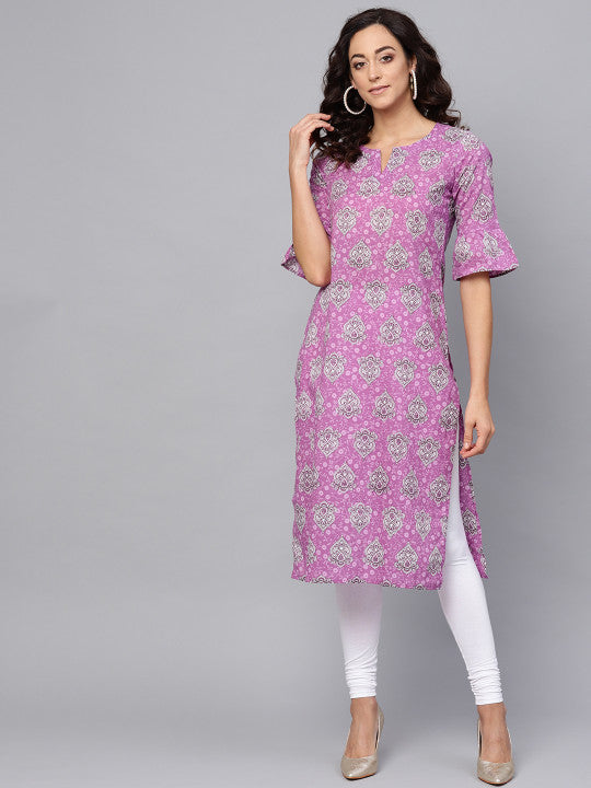 Women Purple & Off-White Printed Straight Kurta