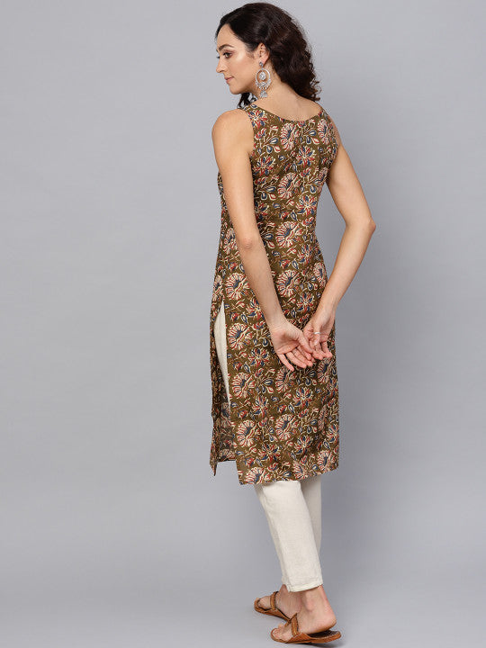 anayna Women Olive Brown & Cream-Coloured Floral Printed Straight Kurta