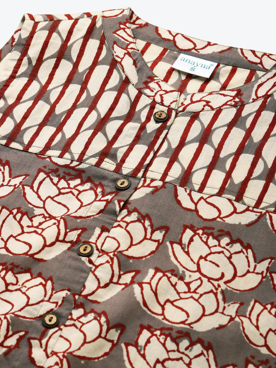 anayna Women Taupe & Off White Floral Print Cotton Kurta