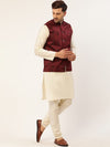 Jompers Men Off White & Maroon Solid Kurta set with Nehru Jacket