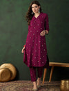 Sangria Burgundy Floral Printed V-Neck Straight Kurta With Trousers