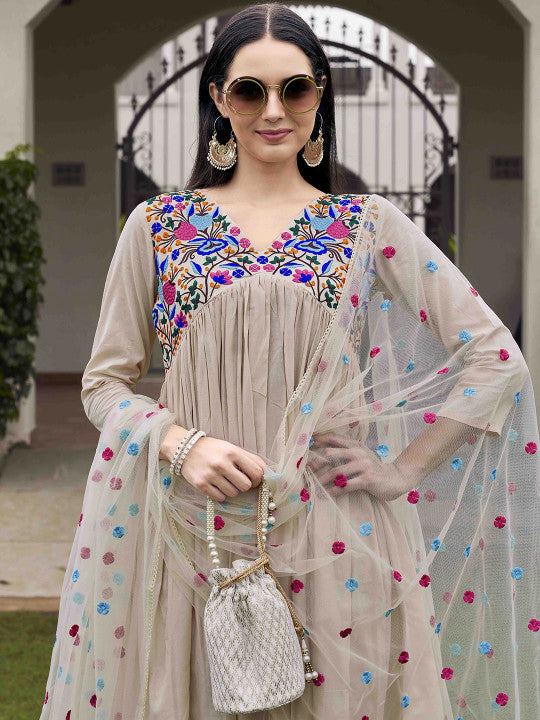 Tikhi Imli Floral Yoke Design Empire Pure Cotton Kurta With Trousers & Dupatta