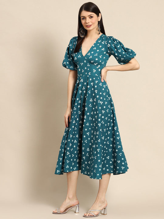 Anayna Teal Green & White Bandhani Printed Pure Cotton A-Line Midi Dress, L