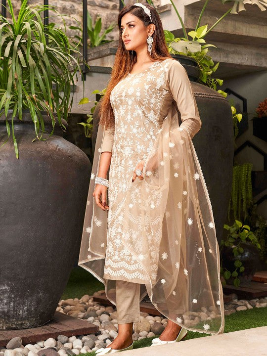 Floral Embroidered Chikankari Pure Cotton Kurta with Trousers & Dupatta