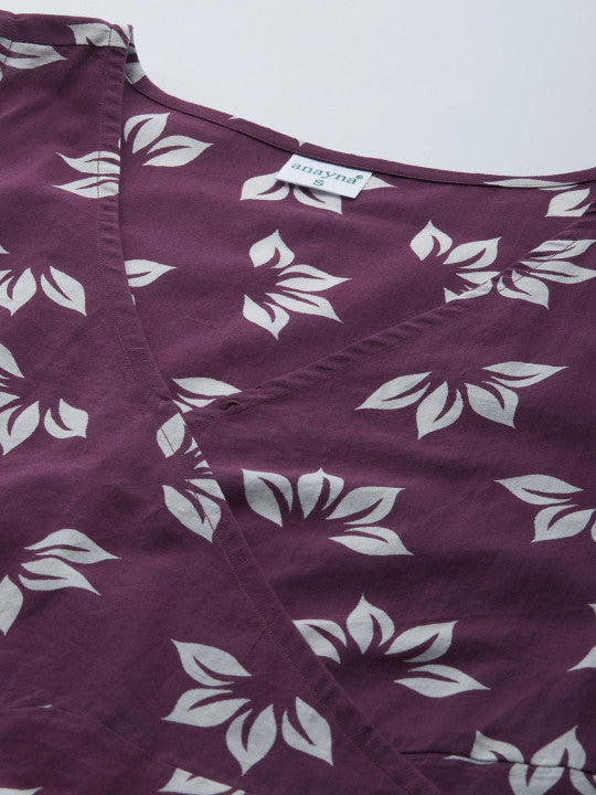 anayna Women Aubergine & White Tropical Print Maternity Wrap Dress
