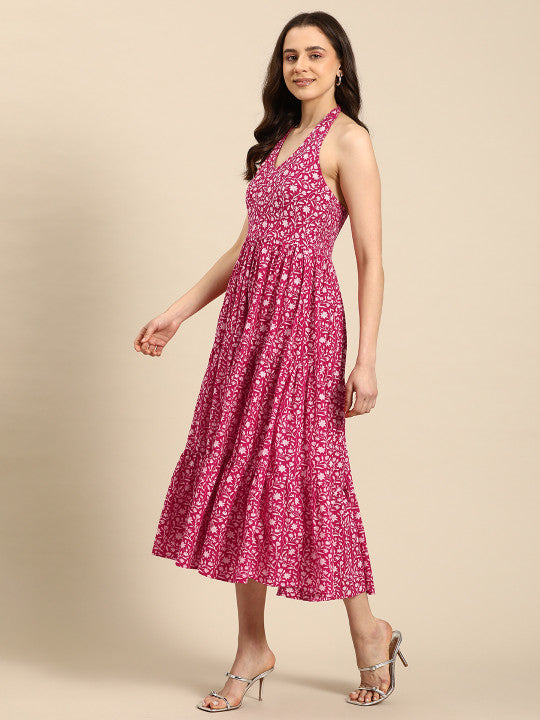 anayna Floral Print Halter Neck Fit & Flare Pure Cotton Midi Dress