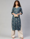 PIROH Womens Rayon Floral Print Straight Kurta Blue