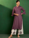 Sangria Geometric Printed Bell Sleeves Mandarin Collar Cotton Straight Kurta With Trousers