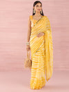Satrani Yellow Striped Printed Mirror Work Leheriya Saree