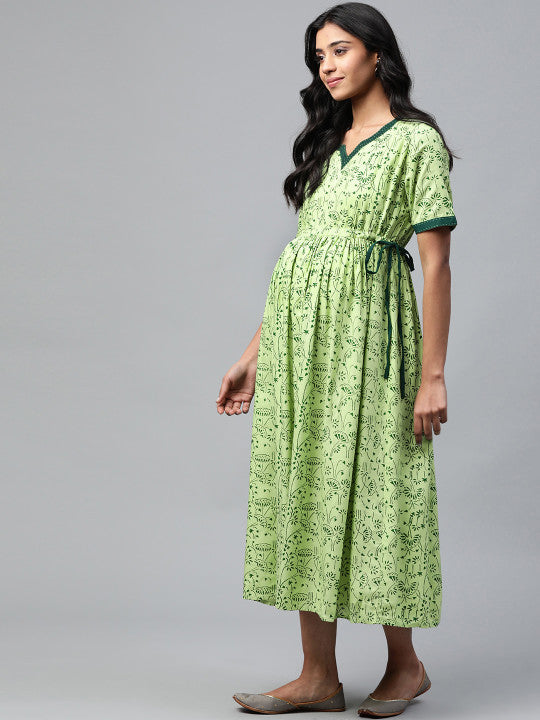 anayna Women Green Printed A-Line Nursing Dress