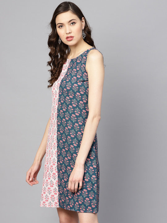 anayna Women Teal Blue & Pink Printed A-Line Dress