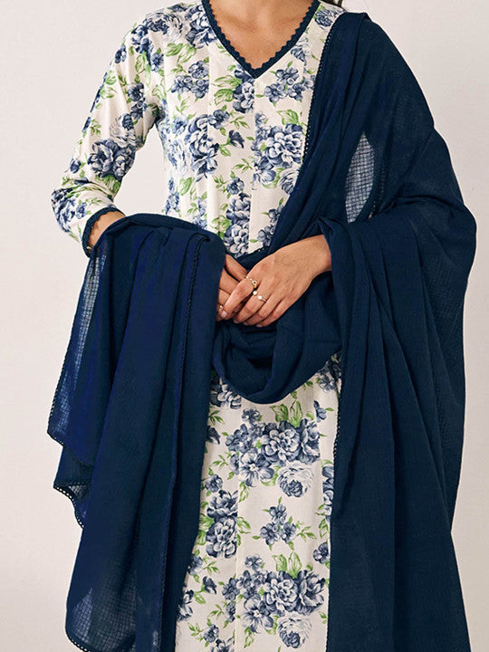 Floral Printed Panelled V-Neck Pure Cotton Aanarkali Kurta with Trousers & Dupatta