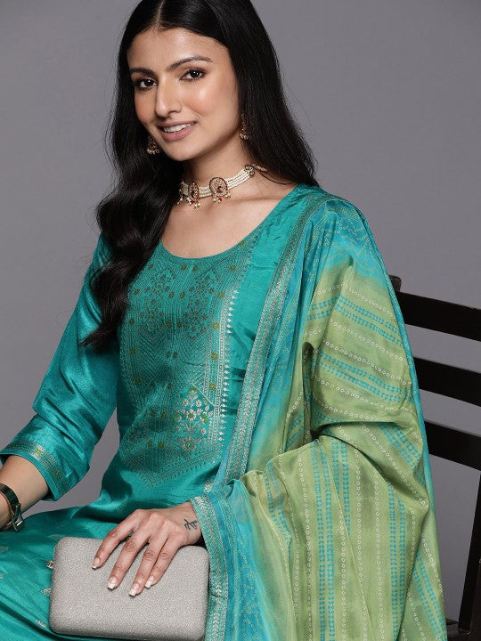 Libas Women Sea Green Floral Kurta with Trousers & With Dupatta