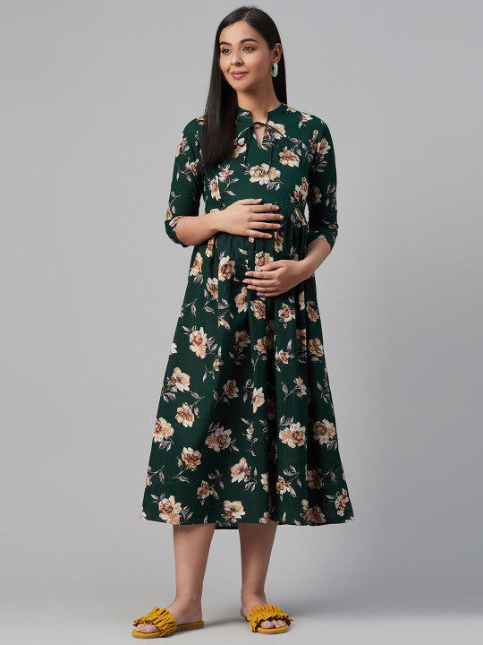 anayna Green & Beige Floral Print Cotton Maternity A-Line Dress