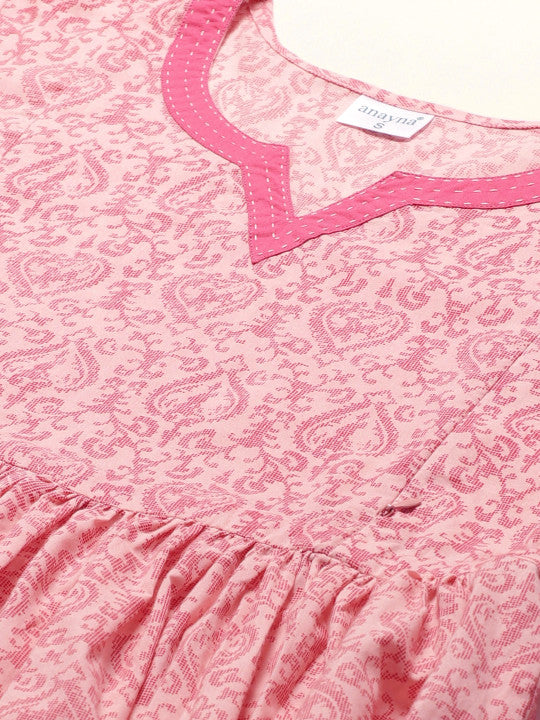 anayna Women Pink Printed Pure Cotton Maternity A-Line Dress