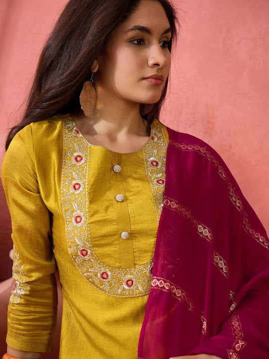 Sangria Yellow Zari Embroidered Straight Kurta With Trouser And Dupatta