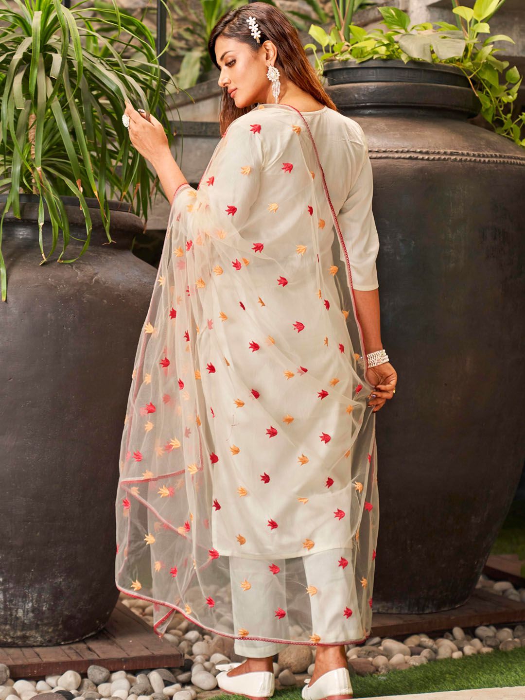 Floral Embroidered Cotton Blend Kurta with Trousers & Dupatta