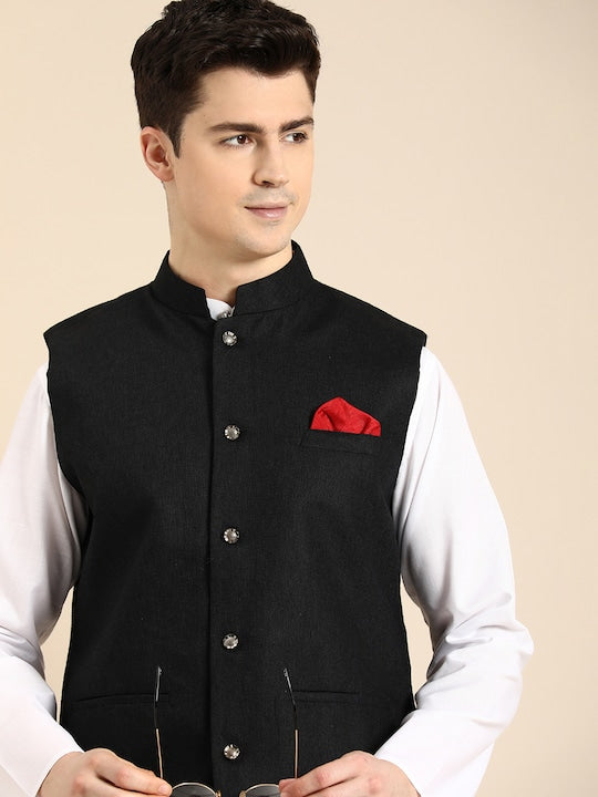 Ethnix Men's Handmade Banded CollarPure Cotton Linen Nehru Jacket Vest;  Light Beige - In-Sattva