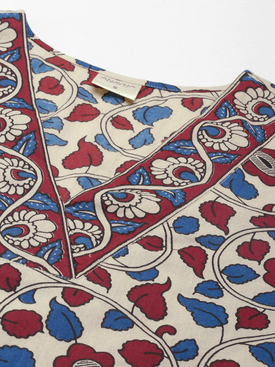 Women Beige Floral Printed Pure Cotton Kurta with Trousers