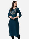 Here&now Women Teal Ethnic Motifs Embroidered Kurta