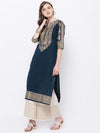 Vishudh Women Navy Blue & Gold-Toned Printed Straight Kurta