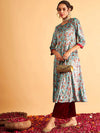 Shae by Sassafras Sea Green Floral Printed Velvet Anarkali Kurta