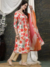 Here&now Floral Printed High Slit Thread Work A-Line Kurta & Trousers With Dupatta