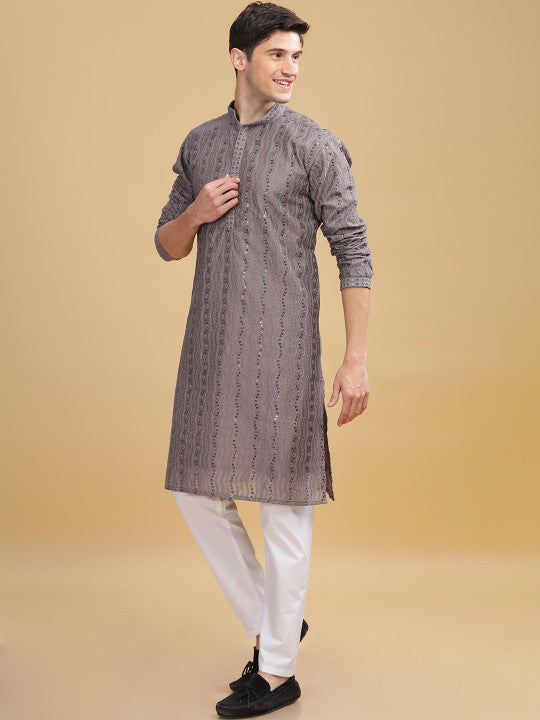Anouk Grey Ethnic Embroidered Mandarin Collar Sequinned Lucknowi Cotton Straight Kurta