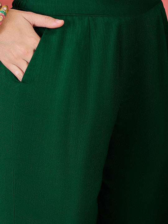 Sangria Foil Printed & Embroidered Kurta & Trouser Set