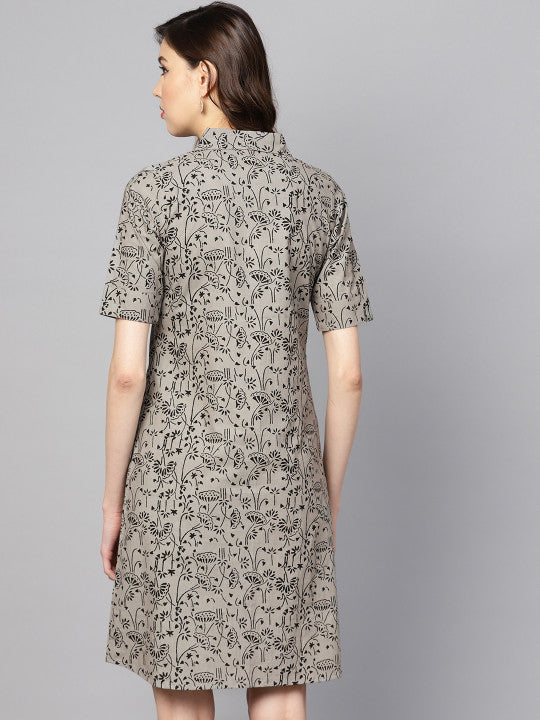 anayna Women Grey & Black Printed Shirt Dress