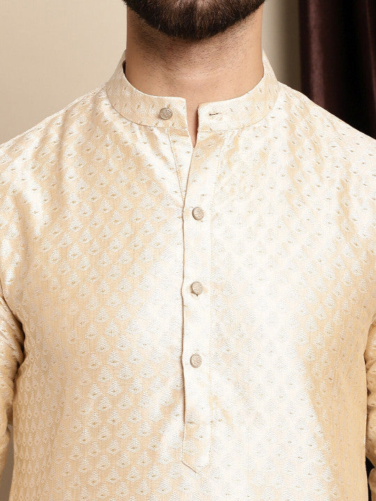 Ethnic Motifs Woven Design Band Collar Silk Cotton Regular Kurta